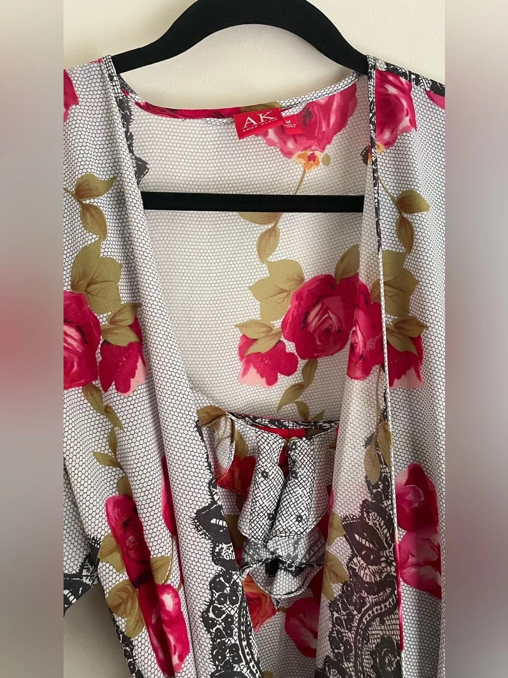 VTG Anne Klein Floral Robe And Slip Dress Set Size M Black Pink Ruffle W/ Slits - Picture 3 of 12